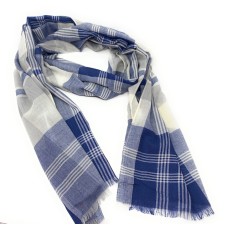 90% Wool 10% Cashmere Lightweight Oversized Scarf - Blue & White Check - V2